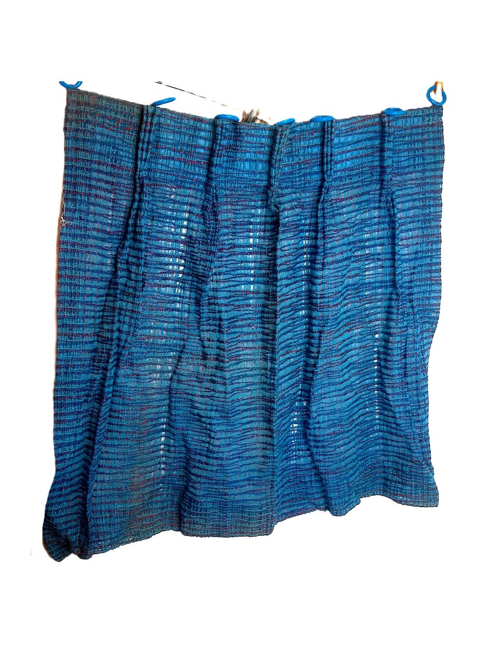 Vtg Mid Century Blue Tweed Pinch Pleat Curtains Open Weave Drapes w/ Rings Set